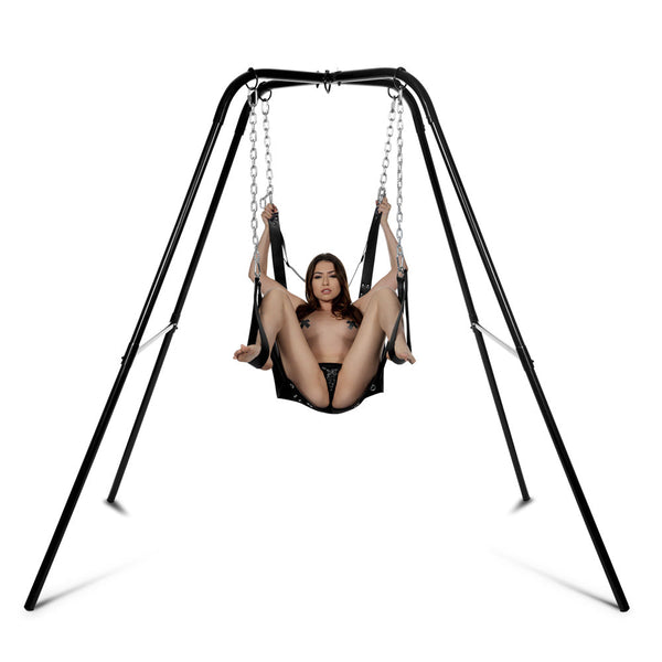 Master Series Extreme Sling and Swing Stand with model seated in leather sling, front view
