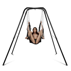 Master Series Extreme Sling and Swing Stand with model seated in leather sling, front view