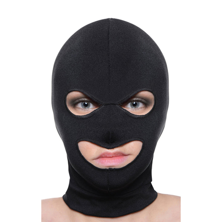 Master Series Facade Hood front view, black spandex with eye and mouth openings