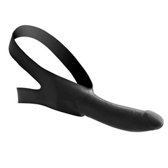 Master Series Face Fuck Strap-On dildo with head harness in matte black silicone, front view