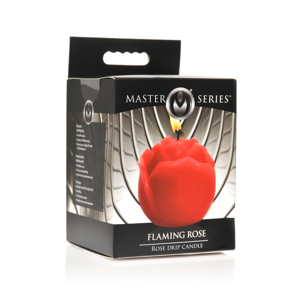 Master Series Flaming Rose Rose Drip Candle shown inside its black branded retail packaging box