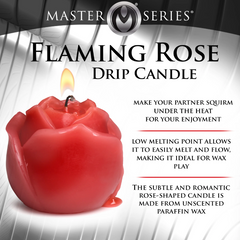 Master Series Flaming Rose Drip Candle product label highlighting low melting point wax play use
