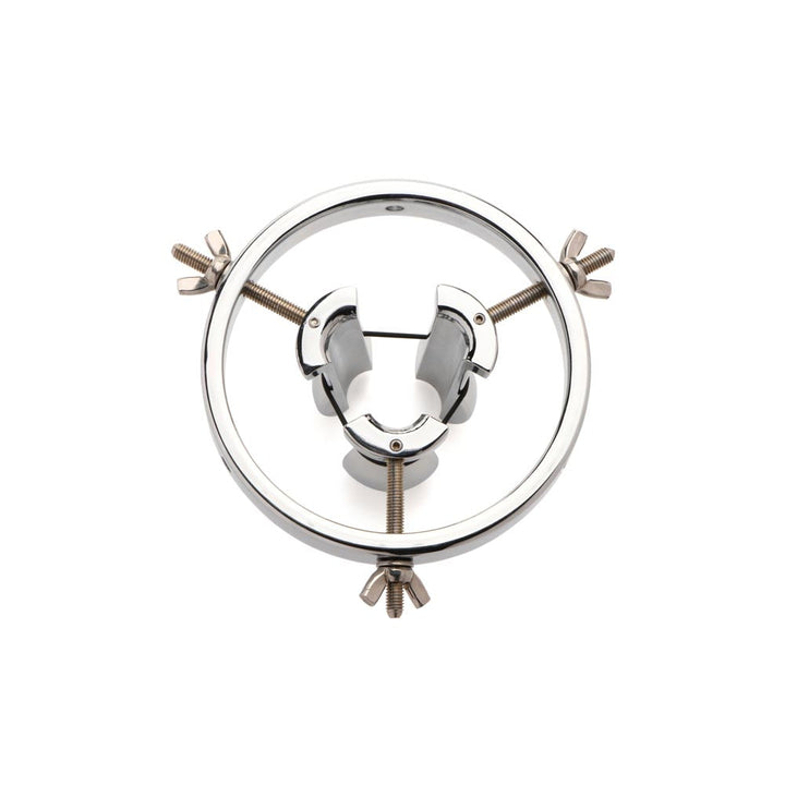 Master Series Forced Spread stainless steel anal speculum with circular ring, front view