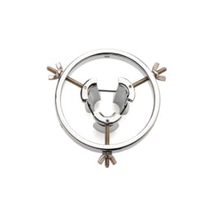 Master Series Forced Spread stainless steel anal speculum with circular ring, front view