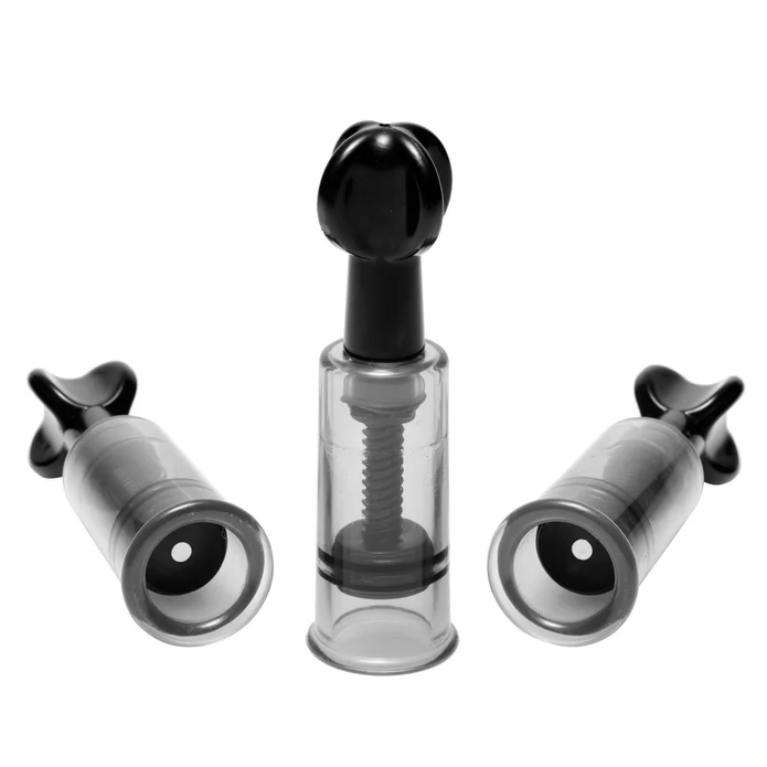 Master Series Fusion Triple Suckers set of three clear cylindrical pumps with black twist knobs