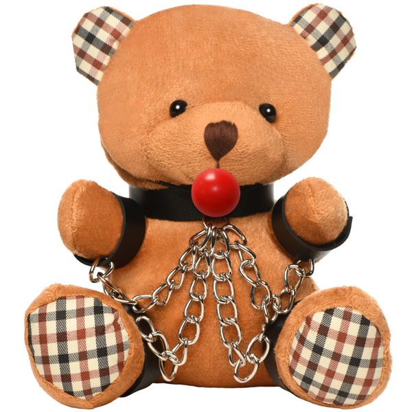 Master Series Gagged Bondage Teddy Bear plush with red ball gag and silver chains
