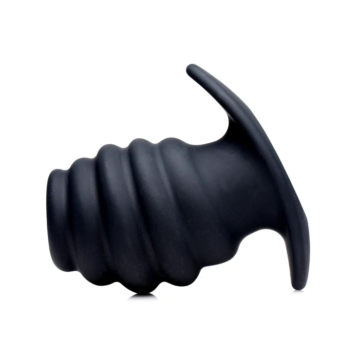 Master Series Hive Ass Tunnel ribbed hollow anal plug in matte black silicone, front view