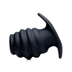 Master Series Hive Ass Tunnel ribbed hollow anal plug in matte black silicone, front view