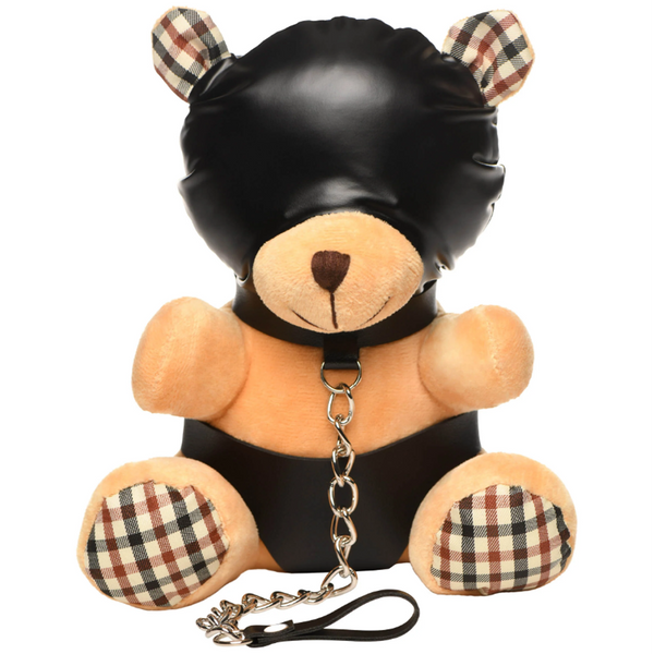 Master Series Hooded Bondage Bear plush toy with vegan leather mask and silver chain leash