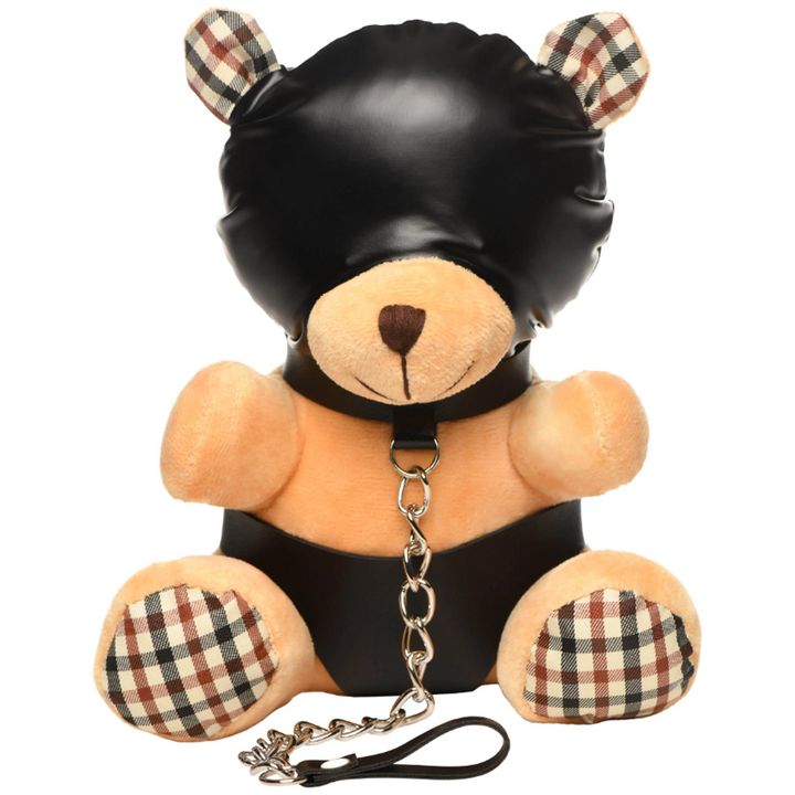 Master Series Hooded Bondage Bear plush toy with vegan leather mask and silver chain leash
