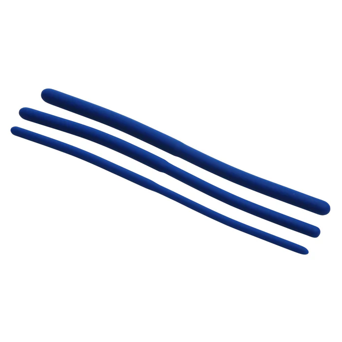 Master Series Invasion urethral sound trainer set, three blue silicone rods, tapered tips