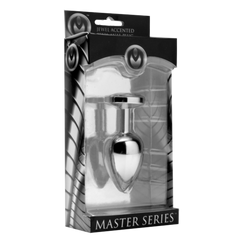 Master Series jewel accented anal plug displayed in dark retail packaging, side angle view