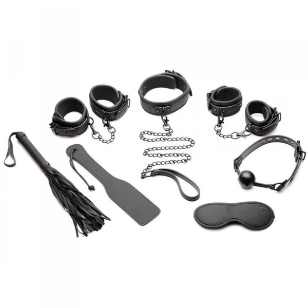 Master Series Master of Kink 10-piece black bondage set laid flat showing all included accessories