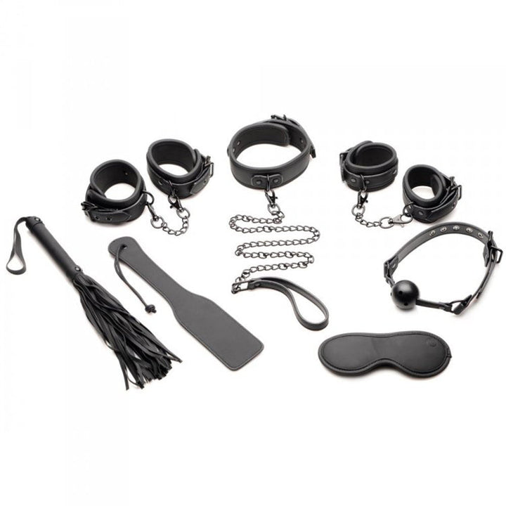 Master Series Master of Kink 10-piece black bondage set laid flat showing all included accessories