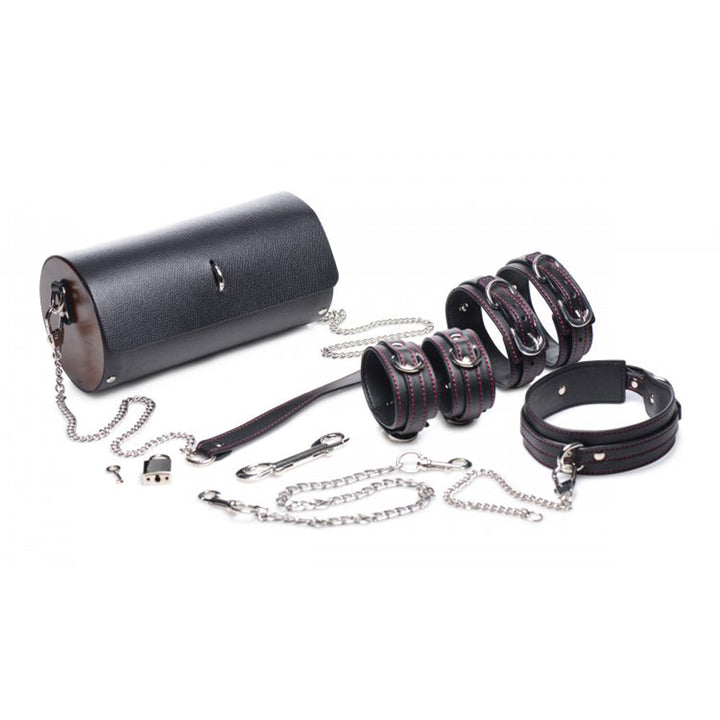 Master Series Kinky Clutch bondage set laid flat showing collar, cuffs, chains, and black carry case