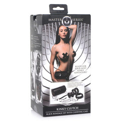 Master Series Kinky Clutch retail box showing included wrist cuffs, ankle cuffs, collar, and carrying case