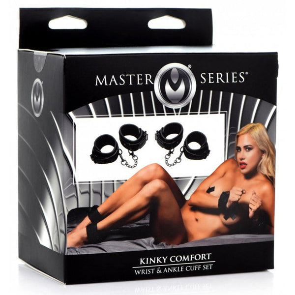 Master Series Kinky Comfort Wrist & Ankle Cuff Set retail packaging with product detail