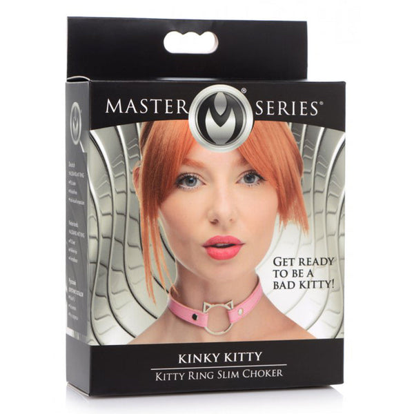 Master Series Kinky Kitty Ring Slim Choker retail packaging with model wearing the pink cat-ear choker