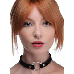 Master Series Kinky Kitty slim choker worn as a black faux-leather cat-ear ring neckpiece