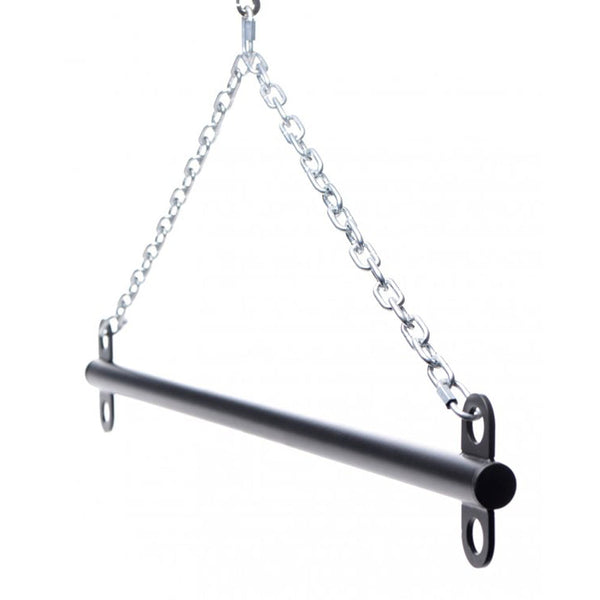 Master Series Levitate Suspension Bar hanging by steel chain, matte black steel tube with ring brackets