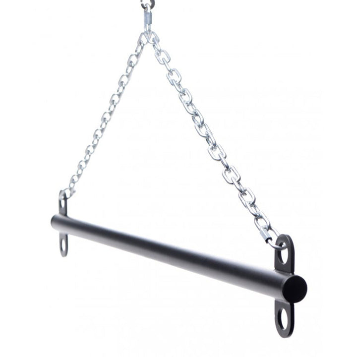 Master Series Levitate Suspension Bar hanging by steel chain, matte black steel tube with ring brackets