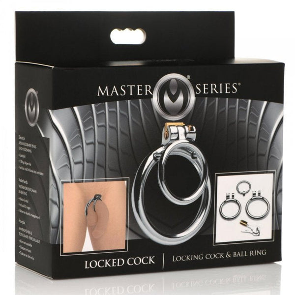 Master Series Locked Cock retail packaging showing product name, ring sizes, and lifestyle inset photo