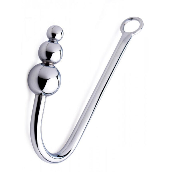 Master Series Meat Hook beaded anal hook in polished chrome steel with ring handle