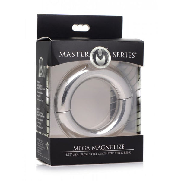 Master Series Mega Magnetize 1.75-inch stainless steel cock ring in retail display packaging