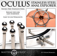 Master Series Oculus packaging flat showing nickel-free steel rods, wingnuts, and round ball tips