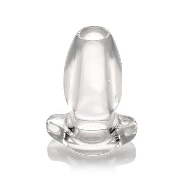 Master Series PeepHole clear hollow anal plug, front view, transparent silicone tunnel design