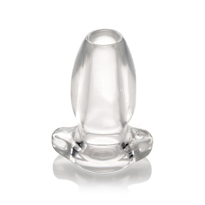 Master Series PeepHole clear hollow anal plug, front view, transparent silicone tunnel design