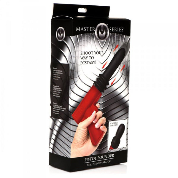 Master Series Pistol Pounder retail box held in hand, displaying product artwork and thrusting vibrator label