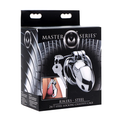 Master Series Rikers Steel 24/7 Locking Chastity Cage in retail packaging, box front
