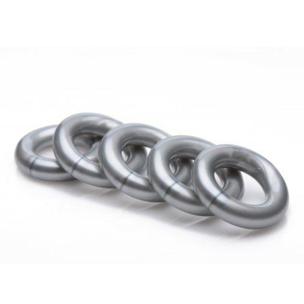 Master Series Ring Master five silver silicone cock rings arranged in a row, smooth rounded edges