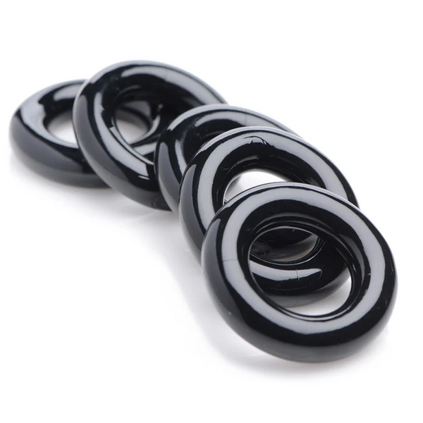 Master Series Ring Master four black silicone cock rings stacked on white background