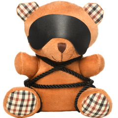 Master Series Rope Bondage Bear plush toy with black vegan leather blindfold and twisted rope