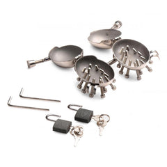 Master Series scrotal shells open to reveal interior spike bolts, with locks and hex keys included