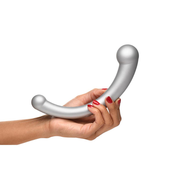 Master Series Sil vibrating silicone G-spot stimulator held in two hands, silver curved wand