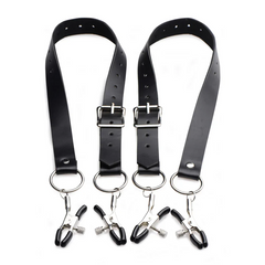 Master Series Spread labia spreader straps with silver-tone clamps and adjustable black faux-leather belts