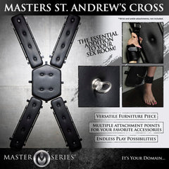 Master Series St. Andrew's Cross infographic showing attachment rings and padded arm panels