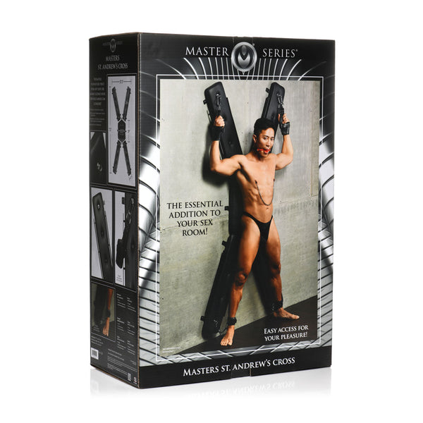 Master Series St. Andrew's Cross retail box second angle showing person in wrist restraints