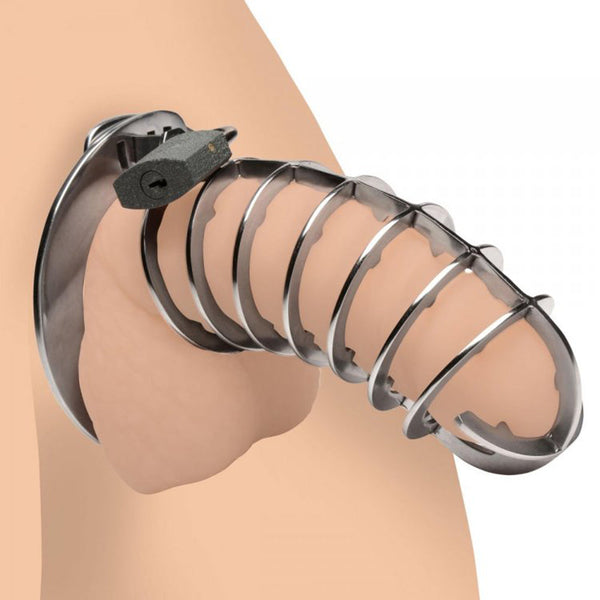 Master Series Stainless Spiked Chastity Cage shown fitted on a mannequin, side angle