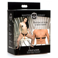 Master Series Strap and Ride Dildo Strap Harness retail packaging showing front and back use