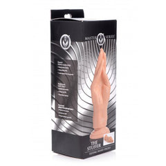 Master Series The Stuffer Fisting Hand Dildo shown beside its black retail packaging box