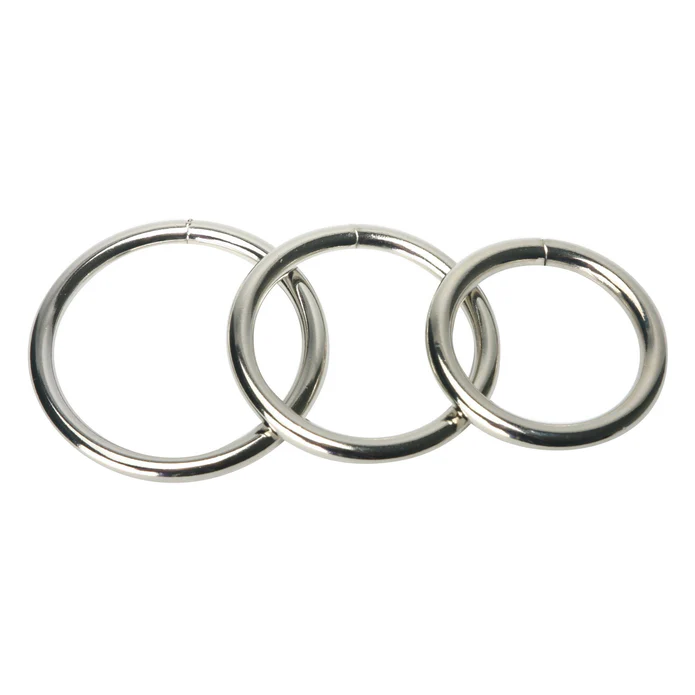 Master Series Trine three-piece stainless steel cock ring set arranged by size