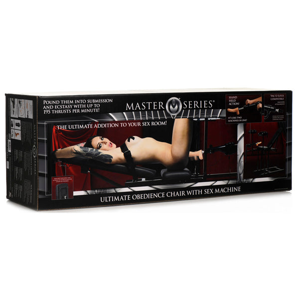 Master Series Ultimate Obedience Chair with Sex Machine retail packaging box showing product imagery
