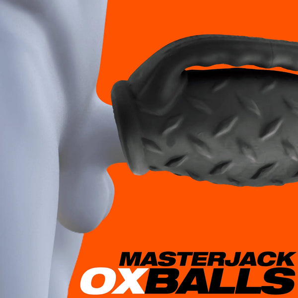 Masterjack stroker shown in use context on a mannequin torso, illustrating handle grip position