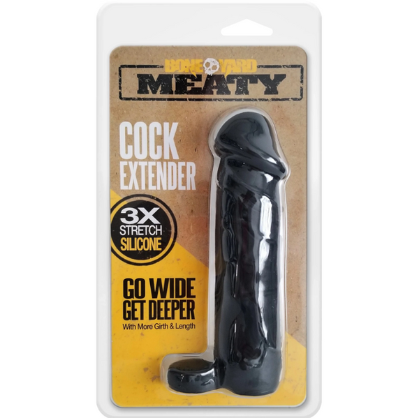 Meaty Cock Extender in black silicone shown in retail blister packaging, front view