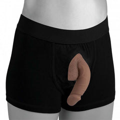 Medium-tone Large Bulge Packer Dildo worn inside black boxer briefs, demonstrating natural bulge profile