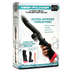 Mega-Pounder hand-held thrusting dildo retail box showing two included silicone attachments